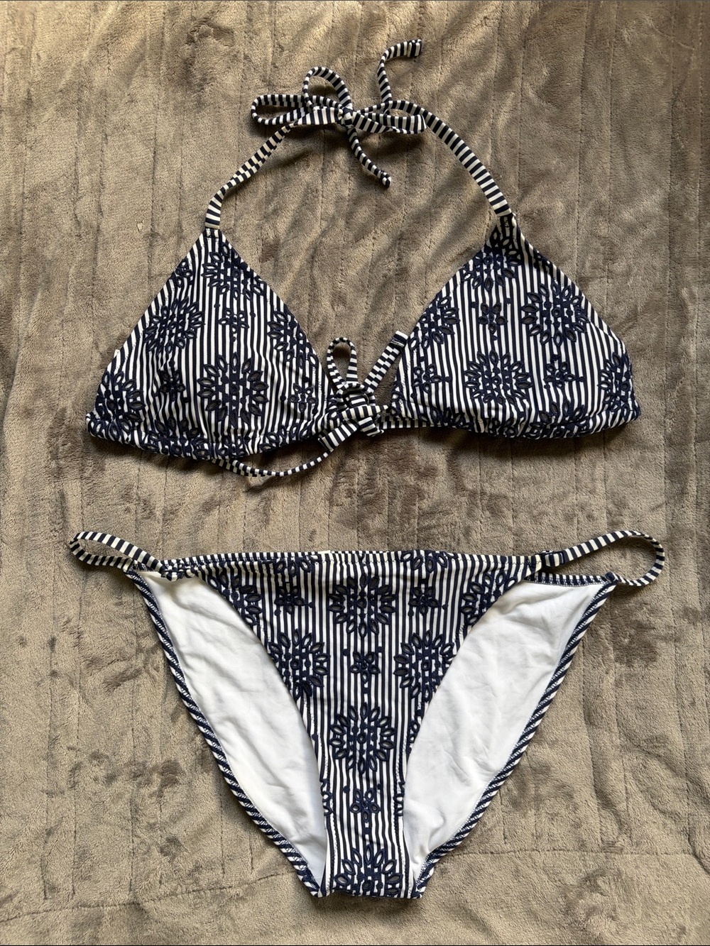 Aerie Navy & White Striped Floral Triangle Bikini XL